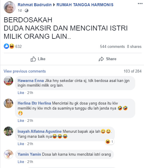 Unggahan akun Rahmat di grup Rumah Tangga Harmonis. Ist