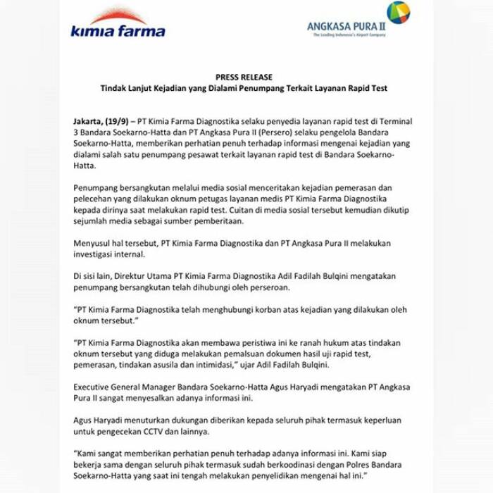 Keterangan pers PT Kimia Farma dan Angkasa Pura II. Ist