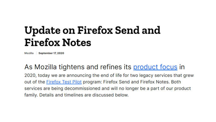 Postingan blog terbaru dari Mozilla terkait penutupan Firefox Send dan Firefox Notes (photo/Mozilla) Postingan blog terbaru dari Mozilla terkait penutupan Firefox Send dan Firefox Notes