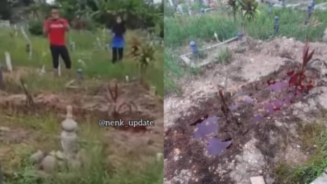 Kuburan mengeluarkan cairan mirip darah dan berbau amis. (Tangkapan layar/Instagram) kuburan mengeluarkan darah dan berbau amis