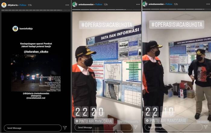 Anies Baswedan dan pejabata Pemprov DKI Jakarta di Pintu Air Manggarai semalam. (Instagram/@dkijakarta, Instagram/@aniesbaswedan). Anies Baswedan dan pejabata Pemprov DKI Jakarta di Pintu Air Manggarai semalam.