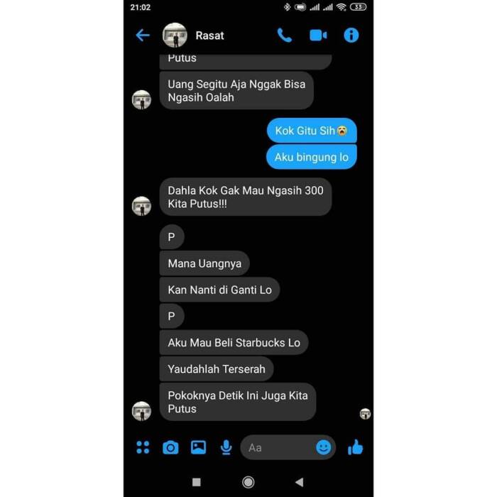 Putus cinta karena tidak dipinjamkan uang Rp300 ribu (Twitter/@recehtapisayng) Putus cinta karena tidak dipinjamkan uang Rp300 ribu