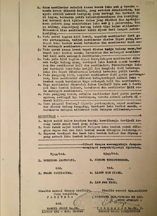 Salinan hasil visum et repertum jenderal yang mati pada Gerakan 30 September 1965 (dokumen Alfred Ticoalu) Ist
