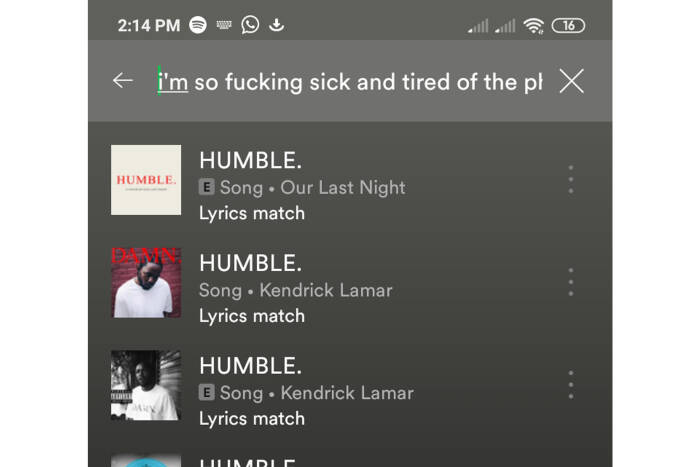 Fitur pencarian dengan lirik lagu di aplikasi Spotify (photo/INDOZONE/Ferry) Fitur pencarian dengan lirik lagu di aplikasi Spotify