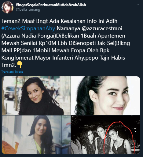 Tangkapan layar unggahan akun Twitter @bella_simang mengenai #CewekSimpananAhy. Ist