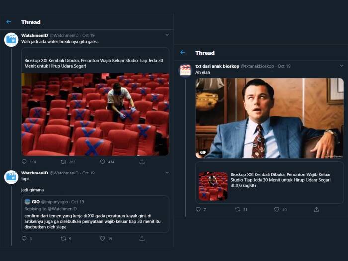 Tangkapan layar komentar warganet yang mempertanyakan aturan penonton bioskop harus keluar setiap 30 menit untuk menghirup udara segar. (photo/Twitter) Tangkapan layar komentar warganet yang mempertanyakan aturan penonton bioskop harus keluar setiap 30 menit untuk menghirup udara segar. (photo/Twitter)
