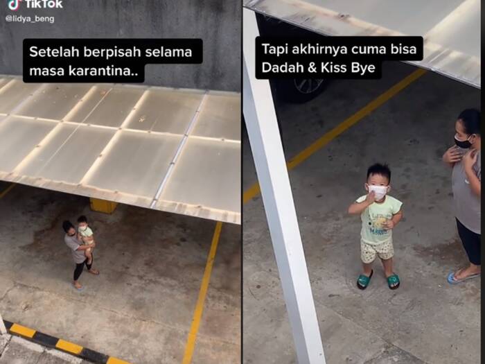Cuplikan video wanita yang tengah dikarantina dijenguk oleh anaknya. (photo/TikTok/@lidya_beng) Cuplikan video wanita yang tengah dikarantina dijenguk oleh anaknya. (photo/TikTok/@lidya_beng)