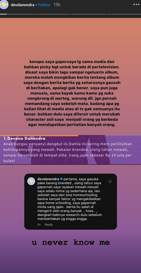 Insta Story Devano Danendra. (Instagram/@devdanendra) Devano Danendra