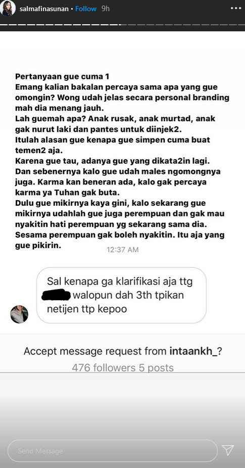 Insta Story Salmafina Sunan. (Instagram/@salmafinasunan) Salmafina Sunan