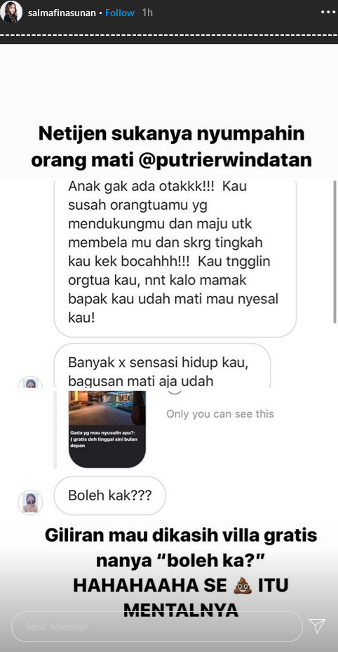 Insta Story Salmafina Sunan. (Instagram/@salmafinasunan) Salmafina Sunan