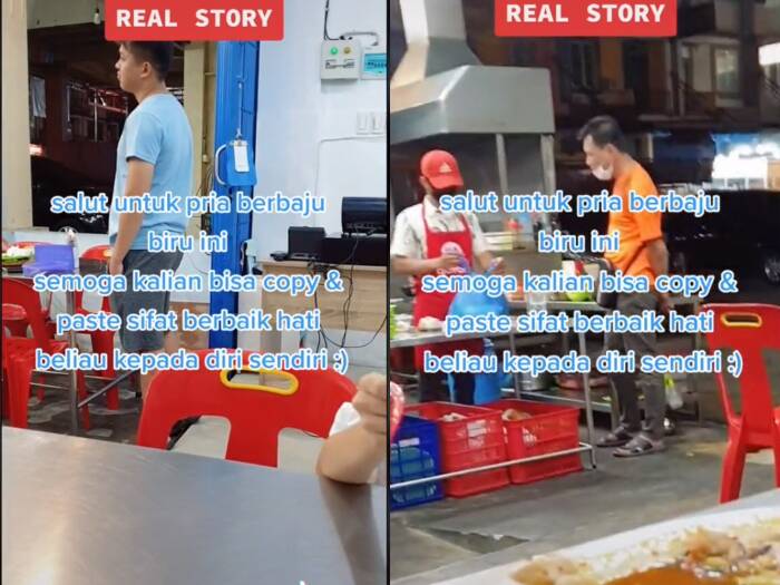 Cuplikan video disaat pria yang berbaju oren yang meminta makanan sisa kepada pelanggan di rumah makan. (photo/TikTok/@vincent.vio) Cuplikan video disaat pria yang berbaju oren yang meminta makanan sisa kepada pelanggan di rumah makan. (photo/TikTok/@vincent.vio)