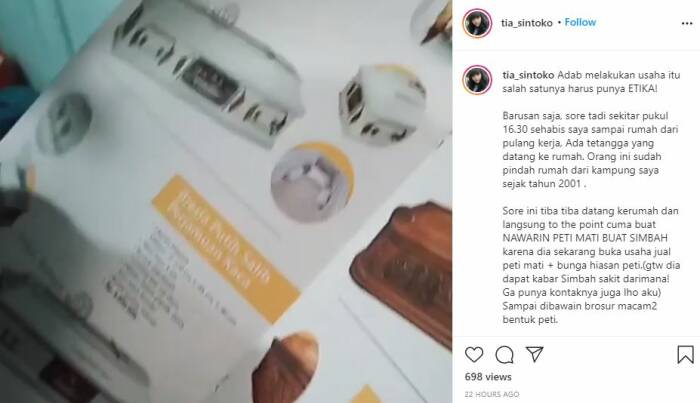 Viral tetangga gak ada akhlak tawarkan peti mati ke orang tua yang masih hidup. (Instagram/@tia_sintoko) tetangga gak ada akhlak, tetangga tawarkan peti mati untuk orang tua masih hidup,