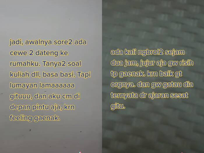 Cuplikan video cewek yang menceritakan pengalaman diteror aliran sesat. (photo/TikTok/@raainbowdust) Cuplikan video cewek yang menceritakan pengalaman diteror aliran sesat. (photo/TikTok/@raainbowdust)