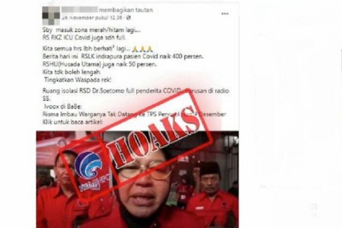Tangkapan layar hoaks yang menyebutkan Wali Kota Risma imbau warganya tidak ke TPS pada Pilkada 2020 (Kominfo) Tangkapan layar hoaks yang menyebutkan Wali Kota Risma imbau warganya tidak ke TPS pada Pilkada 2020 (Kominfo)