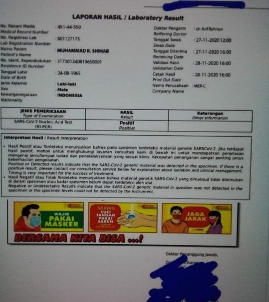 Hasil tes swab diduga milik Rizieq Shihab (Istimewa) Hasil tes swab diduga milik Rizieq Shihab