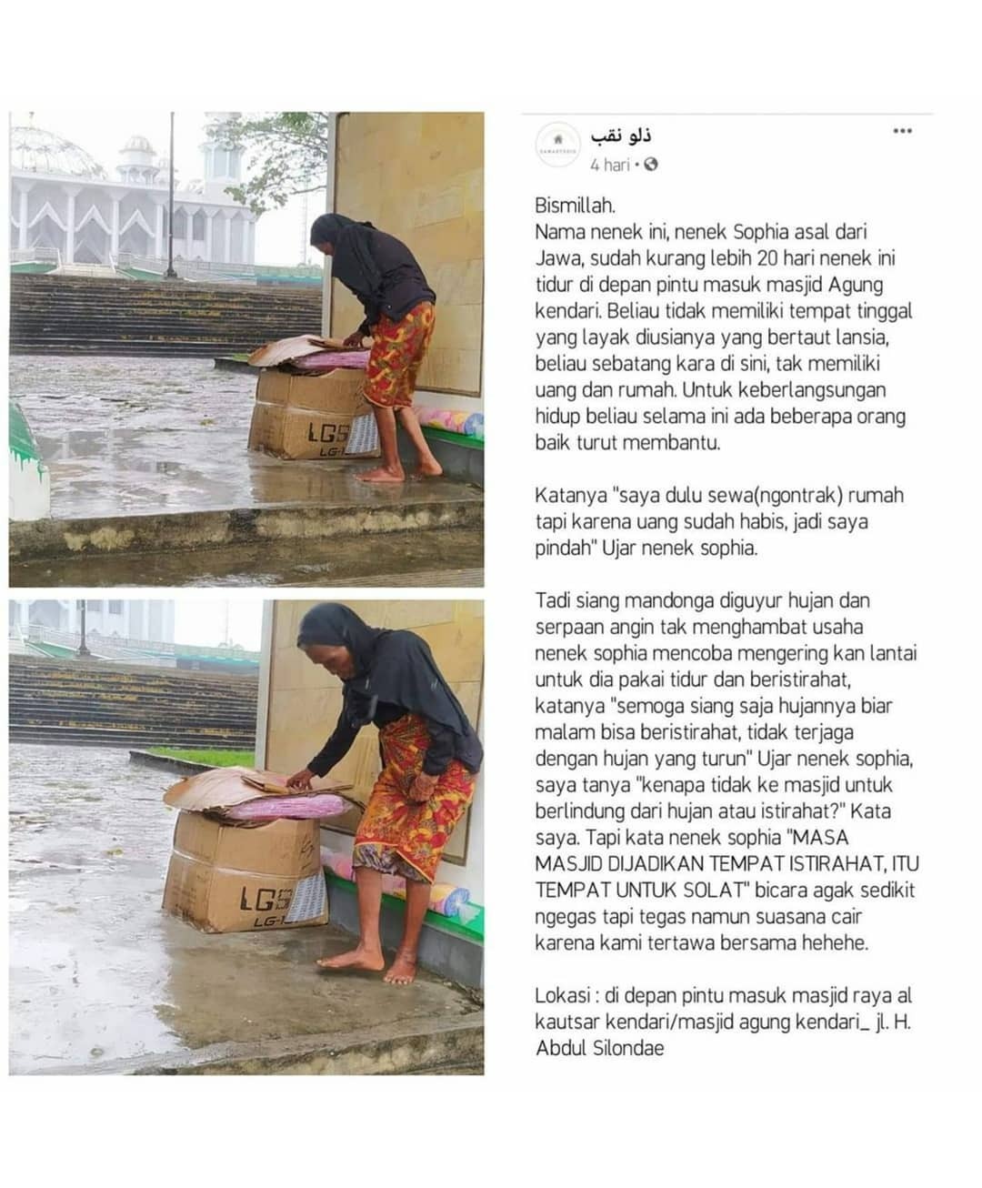 Cerita seorang netizen tentang Nenek Sophia. (Facebook) nenek selalu tidur di tempat pintu masjid