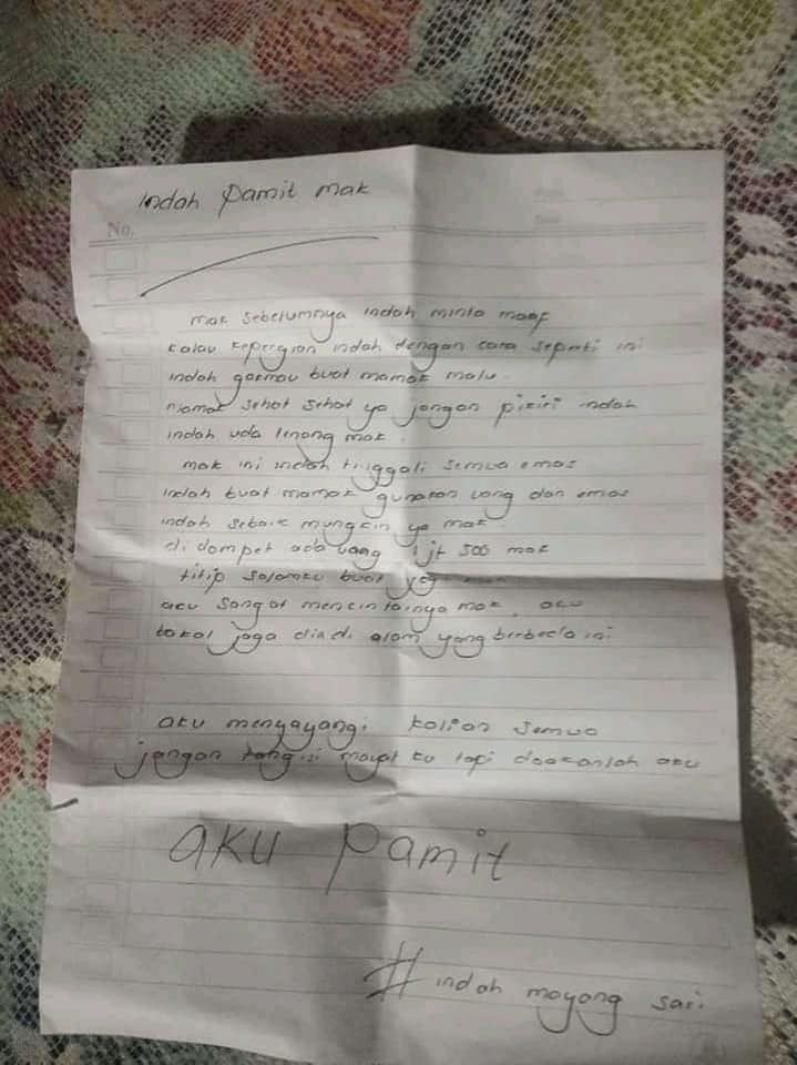 Surat Indah sebelum gantung diri (Istimewa) Surat Indah Mayang Sari sebelum gantung diri