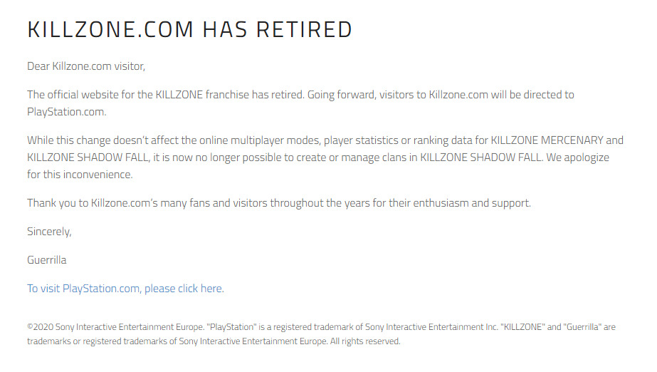Pengumuman Guerrilla Games terkait penutupan situs Killzone (photo/killzone.com) Pengumuman Guerrilla Games terkait penutupan situs Killzone