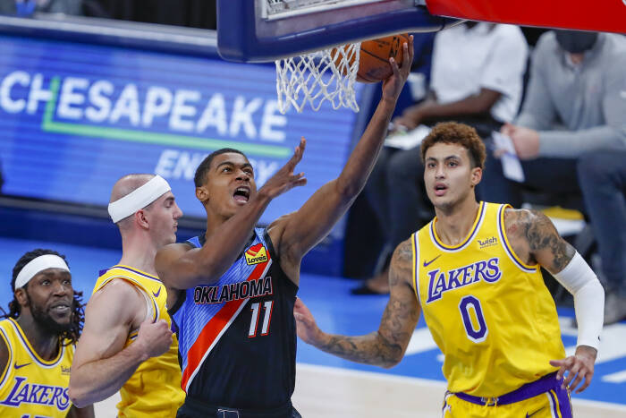 Guard Oklahoma City Thunder Theo Maledon (11). REUTERS/Alonzo Adams Guard Oklahoma City Thunder Theo Maledon (11)