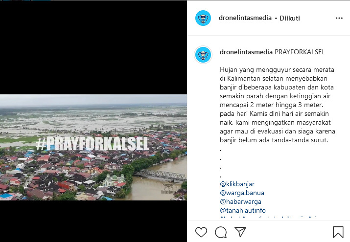 Penampakan dari udara suasana banjir di Kalsel. (Instagram/@dronelintasmedia) penampakan banjir di kalsel