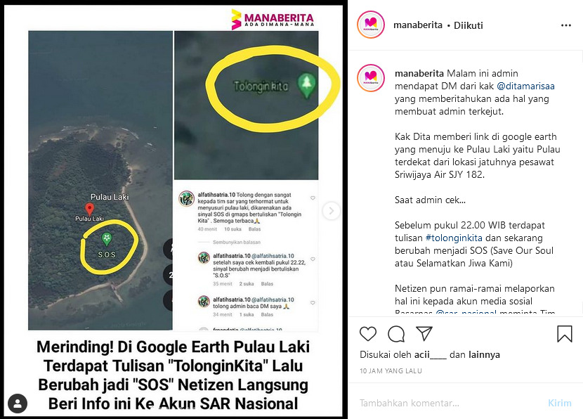 Tanda SOS muncul di Pulau Laki. (Instagram/@manaberita) tanda sos di pulau laki