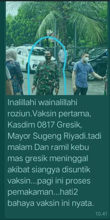 Pesan berantai yang menyebut Mayor Inf Sugeng Riyadi meninggal usai divaksin. (Istimewa) kadisdim 0817 gresik mayor sugeng riyadi wafat usai divaksin covid-19, hoaks, gresik,