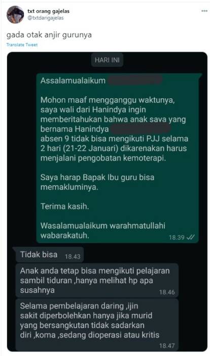Murid tak diizinkan gurunya saat mau kemoterapi. (Twitter/@txtdarigajelas) murid izin tak ikut pjj karena mau kemoterapi tapi dapat balasan menyedihkan