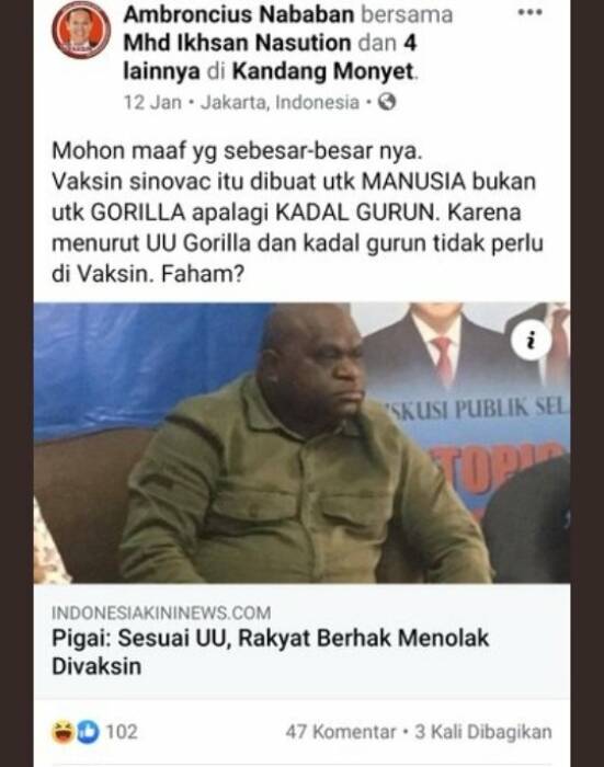 Screenshot unggahan rasis akun Facebook Ambroncius Nababan Ambroncius Nababan
