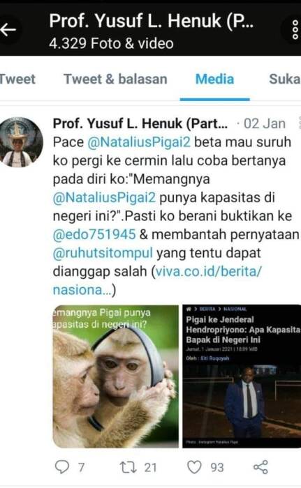Tangkapan layar cuitan Prof Yusuf L Henuk (Istimewa) ist