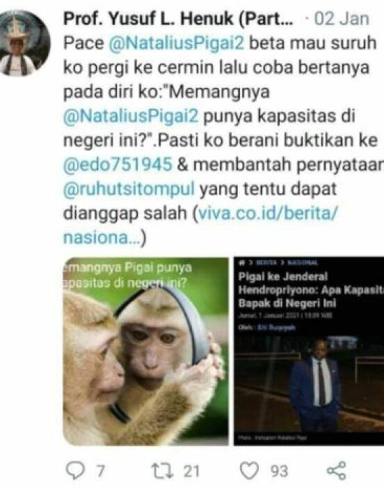 Tangkapan layar cuitan Guru Besar USU Guru besar usu rasis natalius pigai
