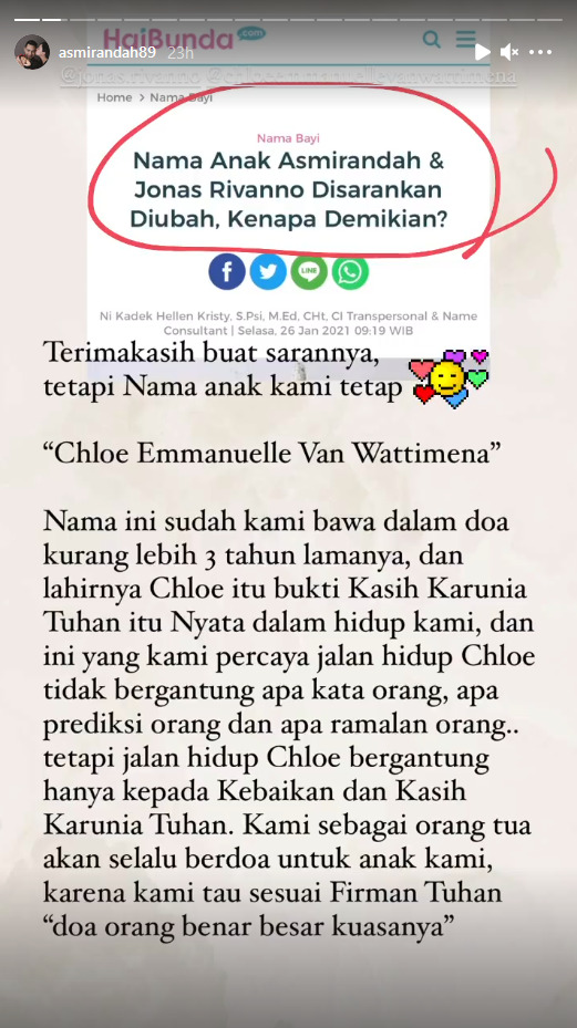 Nama Anak Disarankan Diganti, Asmirandah Ini Sudah Kami