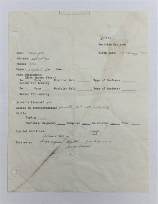 Foto surat lamaran dari pendiri Apple, Steve Jobs di tahun 1973 (photo/Charterfields) Foto surat lamaran dari pendiri Apple, Steve Jobs di tahun 1973