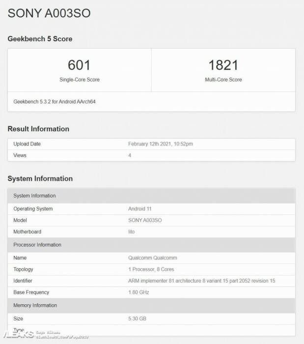 Bocoran spesifikasi dari smartphone Sony Xperia 10 III (photo/Geekbench via GSMArena) Bocoran spesifikasi dari smartphone Sony Xperia 10 III