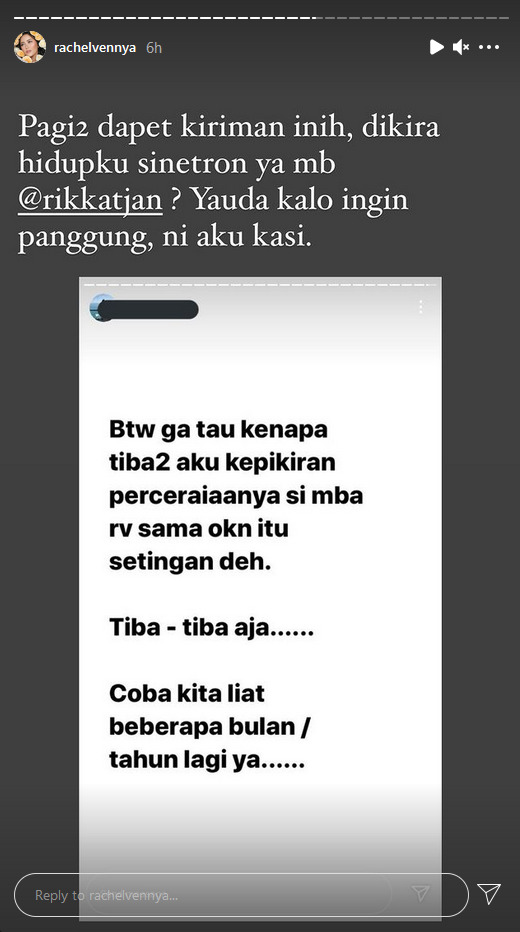 Story Rachel Vennya. (Instagram/@rachelvennya) Rachel Vennya