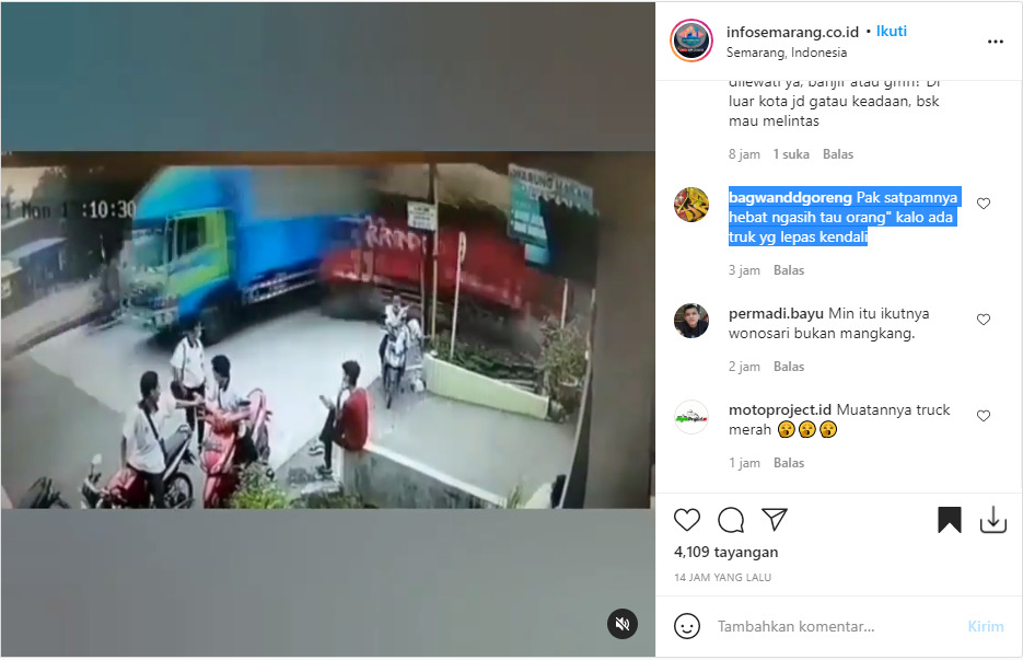 Cuplikan kecelakaan truk diduga akibat rem blong. (photo/Instagram/@infosemarang.co.id) Cuplikan kecelakaan truk diduga akibat rem blong. (photo/Instagram/@infosemarang.co.id)